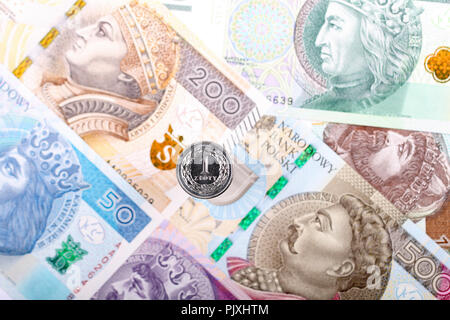 Zloty polacco moneta sullo sfondo di banconote in polacco Foto Stock