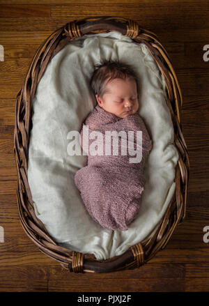 Bambino dorme in vimini Bassket Foto Stock