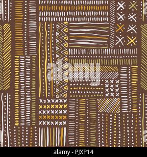 Disegnata a mano terrosa toni di argilla markslines tribali, strisce, mimando folk cucitura trasversale su sfondo marrone. Vector seamless pattern. Abstract fresco g Illustrazione Vettoriale