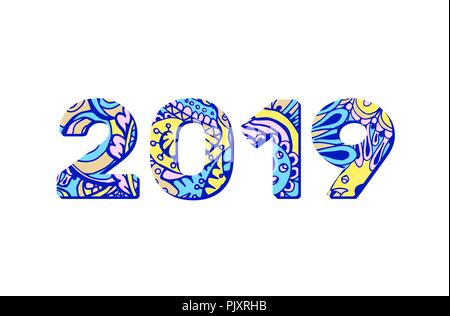 2019 Anno scarabocchia numeri in blu e giallo Memphis stile alla moda. Xmas o Felice Anno Nuovo messaggio di saluto festivo Card Design. Vettore isolato modello Poster Illustrazione Vettoriale