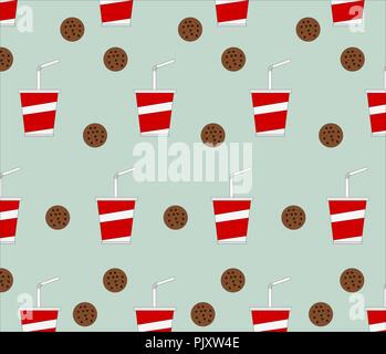 Bellissima seamless delizioso fast food soft drink e cookie sfondo pattern Illustrazione Vettoriale