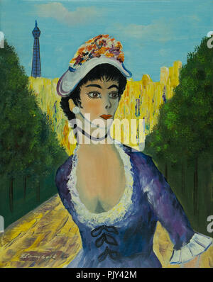 Oilpainting di una donna con cappello in un parco di fronte alla Torre Eiffel a Parigi Foto Stock