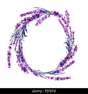 Lavanda ghirlanda di fiori acquerello illustrazione. Fiori Selvatici telaio circolare. Matrimonio inviti e il giorno di San Valentino cartoline design floreale. Amore e matrimonio simbolo. Corona di fiori di lavanda raster isolato Foto Stock