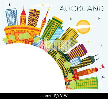 Auckland Nuova Zelanda skyline della città con edifici di colore, il blu del cielo e spazio di copia. Illustrazione Vettoriale. Illustrazione Vettoriale