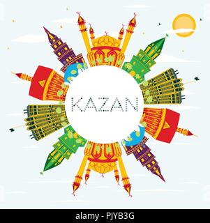 Russia Kazan skyline della città con edifici di colore, il blu del cielo e spazio di copia. Illustrazione Vettoriale. Illustrazione Vettoriale