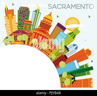 Sacramento USA dello skyline della città con edifici di colore, il blu del cielo e spazio di copia. Illustrazione Vettoriale. Illustrazione Vettoriale