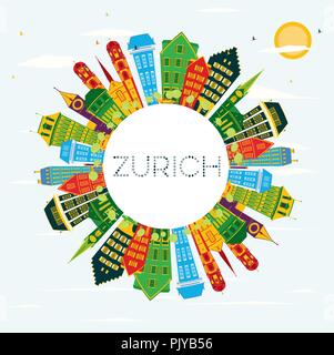 Zurich Svizzera dello skyline della città con edifici di colore, il blu del cielo e spazio di copia. Illustrazione Vettoriale. Illustrazione Vettoriale