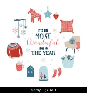 Lo stile scandinavo, semplice ed elegante Merry Christmas greeting card con mano gli elementi disegnati, citazioni, scritte Illustrazione Vettoriale