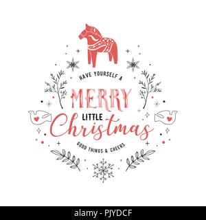 Lo stile scandinavo, semplice ed elegante Merry Christmas greeting card con mano gli elementi disegnati, citazioni, scritte Illustrazione Vettoriale