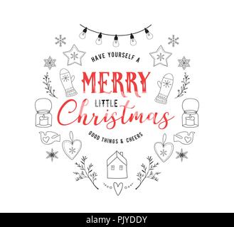 Lo stile scandinavo, semplice ed elegante Merry Christmas greeting card con mano gli elementi disegnati, citazioni, scritte Illustrazione Vettoriale