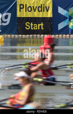 Plovdiv, Bulgaria, domenica 9 settembre 2018. FISA, mondo campionati di canottaggio, inizio di un calore di leggero e donne skiff doppio, © Peter SPURRIER, Alamy Live News, Foto Stock