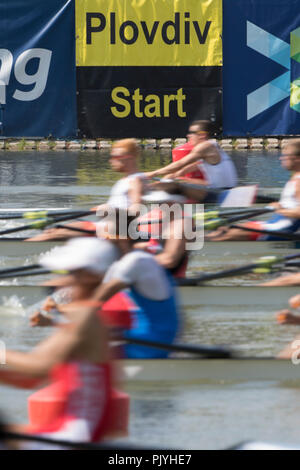 Plovdiv, Bulgaria, domenica 9 settembre 2018. FISA, mondo campionati di canottaggio, inizio di un calore di leggero e Uomini Doppio skiff, © Peter SPURRIER, Alamy Live News, Foto Stock