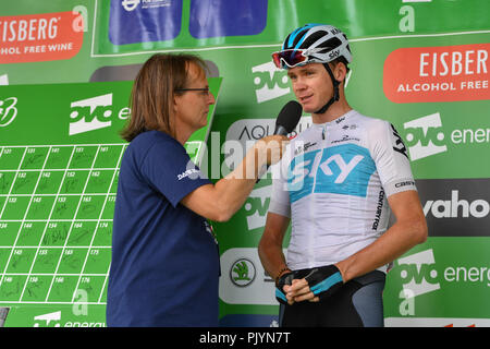 Londra, Regno Unito. Il 9 settembre 2018. Christopher Froome è stato intervistato durante il 2018 OVO Energy Tour della Gran Bretagna - Fase 8: la fase di Londra Domenica, Settembre 09, 2018 Londra Inghilterra: Credito: Taka Wu/Alamy Live News Foto Stock