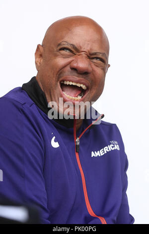 Ostrava, Repubblica Ceca. 9 Sep, 2018. Mike Powell, il capitano del Team Americas, sorrisi durante la IAAF Continental Cup Ostrava 2018, a Ostrava, Repubblica Ceca, domenica 9 settembre, 2018. Credito: Petr Sznapka/CTK foto/Alamy Live News Foto Stock