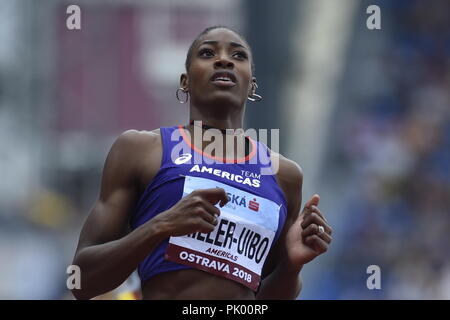 Ostrava, Repubblica Ceca. 9 Sep, 2018. Sprinter Shaunae Miller-Uibo (Team Americas; Bahamas) compete durante la IAAF Continental Cup Ostrava 2018, a Ostrava, Repubblica Ceca, domenica 9 settembre, 2018. Credito: Jaroslav Ozana/CTK foto/Alamy Live News Foto Stock