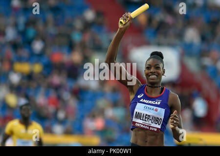 Ostrava, Repubblica Ceca. 9 Sep, 2018. Sprinter Shaunae Miller-Uibo (Team Americas; Bahamas) compete durante la IAAF Continental Cup Ostrava 2018, a Ostrava, Repubblica Ceca, domenica 9 settembre, 2018. Credito: Jaroslav Ozana/CTK foto/Alamy Live News Foto Stock