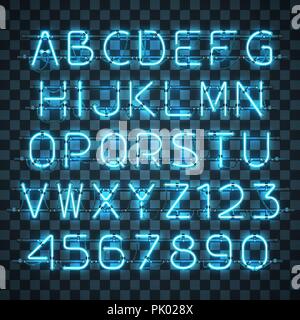 Brillante e blu brillante alfabeto neon e cifre. Illustrazione Vettoriale