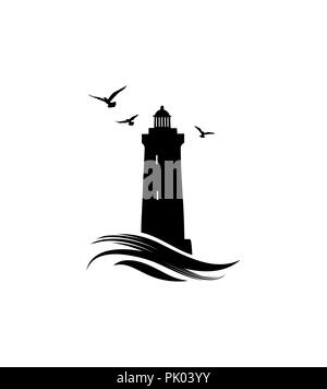 Logo del faro. Icona nautico con il faro con le onde del mare e il gabbiano uccelli. Design etichetta Illustrazione Vettoriale