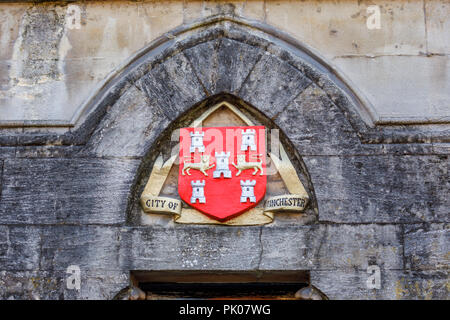 Città di Winchester stemma con due leoni passant guardant e cinque castelli triple torreggiava su una parete in Winchester, Hampshire, Inghilterra meridionale Foto Stock