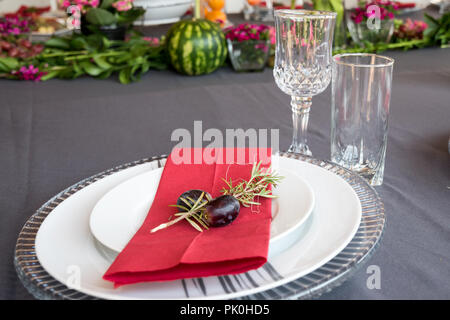Un tavolo pranzo insieme con sotto le piastre, grazioso grigio e le piastre bianche, rosso salvietta, decorativo piccolo ramo di albero,due uve con motivi floreali e di frutta decor. Foto Stock