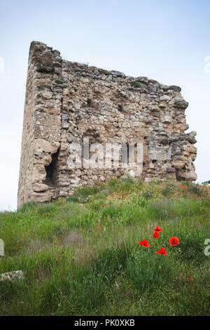 La torre in rovina di antica fortezza Calamita in Inkerman, Crimea Foto Stock