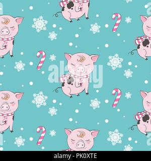 Set di maiale simpatico cartoon caratteri seamless pattern. Simbolo cinese del 2019 anno. Felice Anno Nuovo. Carino funny piggy illustrazione. Illustrazione Vettoriale