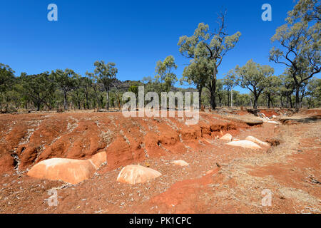 Vista di rocce di marmo che emergono da un eroso creek letto, vicino a Chillagoe, Queensland del Nord, QLD, Australia Foto Stock