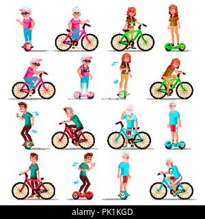 Persone a cavallo Hoverboard, vettore di biciclette. City Bike. Outdoor Sport Attività. Gyro Scooter. Attività. Two-Wheel Self-Balancing elettrico Scooter. Eco-compatibile. Illustrazione isolato Illustrazione Vettoriale