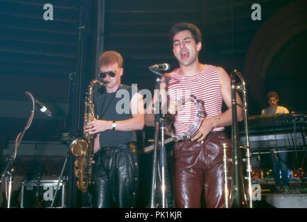 Brian Travers (links) und Duncan Campbell von "UB40', britische Reggae- und Popband, bei einem Konzert a Augsburg, Deutschland 1983. Brian Travers (sinistra) e Duncan Campbell della multinazionale britannica reggae e pop band "UB40' performing live a Augsburg, Germania 1983. | Utilizzo di tutto il mondo Foto Stock