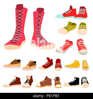 Sneakers impostato vettore. Coppia di Casual nuovo Sport Calzature. Usura del piede, scarpa, stringa. Per l'esecuzione, lo sport. Illustrazione isolato Illustrazione Vettoriale