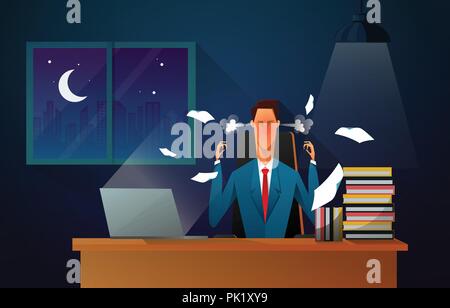 Il boss gravi. senior imprenditore seduto alla sua scrivania con volto arrabbiato. business man lavorando in ufficio fino a quando la notte con stress da superlavoro. Il lavoro straordinario Illustrazione Vettoriale