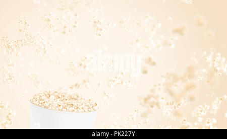 Vuoto bianco benna alimentare con popcorn mock up, effetto di profondità di campo, rendering 3d. Vuota la casella della carta con la caduta di pop corn su sfondo giallo mockup. Foto Stock