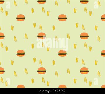 Bellissima seamless delizioso fast food formaggio hamburger e patatine fritte sfondo pattern Illustrazione Vettoriale