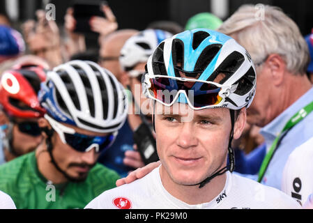 Chris Froome del Team Sky in ovo Energy Tour della Gran Bretagna cycle race, stadio 8, London, Regno Unito Foto Stock