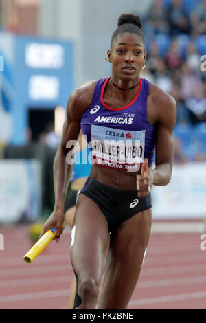 Ostrava, Repubblica Ceca. 9 Sep, 2018. Sprinter Shaunae Miller-Uibo (Team Americas; Bahamas) compete durante la IAAF Continental Cup Ostrava 2018, a Ostrava, Repubblica Ceca, domenica 9 settembre, 2018. Credito: Petr Sznapka/CTK foto/Alamy Live News Foto Stock