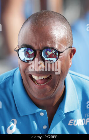 Ostrava, Repubblica Ceca. 9 Sep, 2018. Colin Jackson, il capitano del Team Europa, è visto durante la IAAF Continental Cup Ostrava 2018, a Ostrava, Repubblica Ceca, domenica 9 settembre, 2018. Credito: Petr Sznapka/CTK foto/Alamy Live News Foto Stock