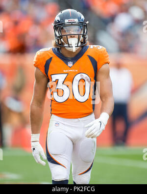 Settembre 09, 2018: Denver Broncos running back Phillip Lindsay (30) durante il quarto trimestre di un matchup NFL tra i Seattle Seahawks e Denver Broncos a Broncos Stadium at Mile High Denver CO, Scott D Stivason/Cal Sport Media Foto Stock