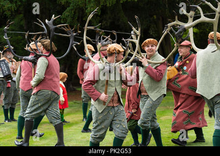 Abbots Bromley, Staffs, Regno Unito. Decimo Sep, 2018. L'Abbots Bromley Horn Dance è uno dei più antichi annuale doganale rurale ancora in corso oggi. Dopo aver raccolto le corna dalla chiesa al mattino, sei cervi-uomini, uno sciocco, un hobby cavallo, Bowman e Maid Marian, eseguire la loro danza alla musica in corrispondenza di posizioni in tutto il villaggio di Abbots Bromley e allevamenti circostanti e pub, oggi 10 settembre 2018 in Abbots Bromley, Staffordshire. Credito: David Levenson/Alamy Live News Foto Stock