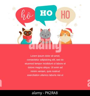 Merry Christmas greeting card, poster con simpatici personaggi gatti, vettore collezione Illustrazione Vettoriale