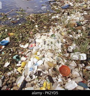 Inquinamento del Mare selezione di scartato floating rifiuti di imballaggi in plastica detriti cucciolata indesiderata immondizia lavato fino litorale Repubblica Dominicana Mar dei Caraibi Foto Stock