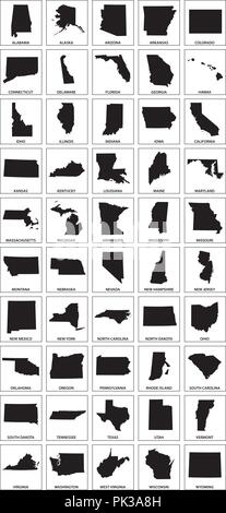 Silhouette nera mappe di 50 stati degli Stati Uniti. Illustrazione Vettoriale