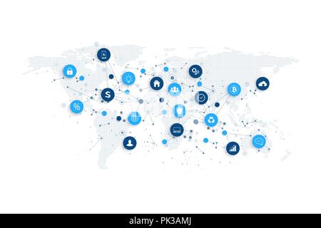 Social media network e concetto di commercializzazione con tratteggiata la mappa mondiale. Internet e la tecnologia aziendale. Reti analitiche. Illustrazione Vettoriale Illustrazione Vettoriale