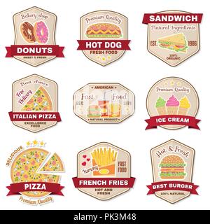 Vintage fast food badge, un banner o un logo emblema. Gli elementi sul tema del fast food business. Hamburger, Pizza, ciambelle, hot dog, gelati,cola, fr Illustrazione Vettoriale