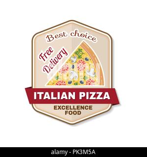 Vintage fast food badge, un banner o un logo emblema. Gli elementi sul tema del fast food business. Pizza italiana design, adesivo o emblema. Per fast foo Illustrazione Vettoriale