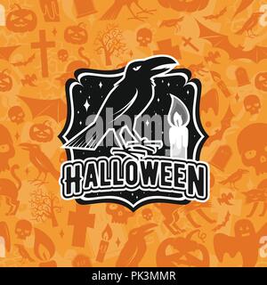 Halloween badge vintage, emblema o etichetta. Illustrazione Vettoriale. Per la stampa su t shirt, tee, biglietto invito, modello. Halloween crow e candela. Illustrazione Vettoriale