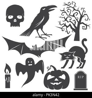 Halloween icona vintage, emblema o etichetta. Illustrazione Vettoriale. Set di Halloween includono cat, zucca, bat crow, cranio, albero, candela, ghost e grave. Illustrazione Vettoriale