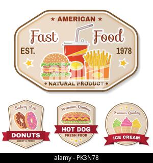 Vintage fast food badge, un banner o un logo emblema. Gli elementi sul tema del fast food business. Hamburger, Pizza, ciambelle, hot dog, gelati,cola, fr Illustrazione Vettoriale