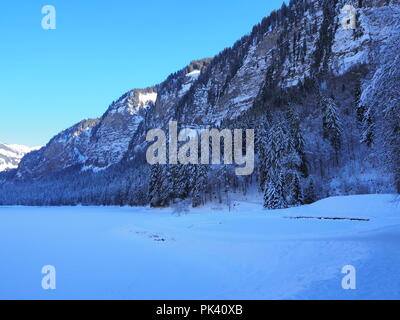 Lac de Montriond, Francia, congelato e coperto di neve sul chiaro freddo giorno Foto Stock