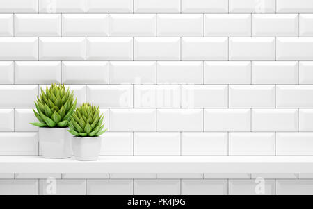 Ripiano bianco sulla parete piastrellata con verde di piante in vaso mock up. 3d illustrazione Foto Stock