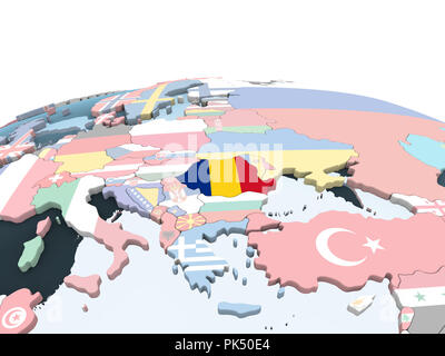 La Romania sul luminoso globo politico con embedded bandiera. 3D'illustrazione. Foto Stock